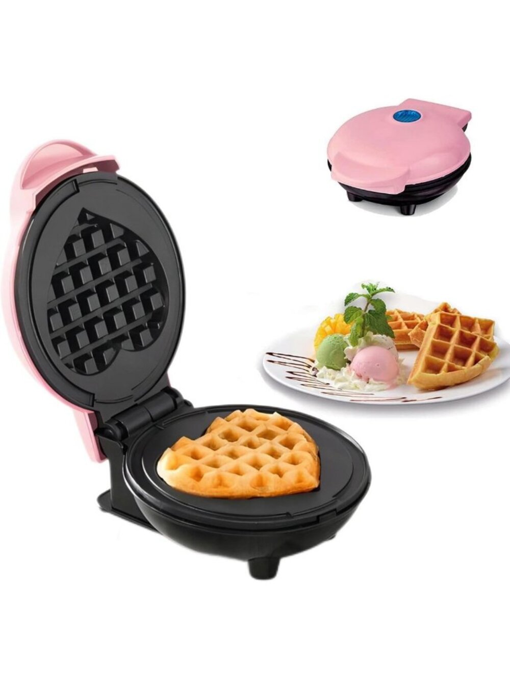 Compact Non-Stick Mini Waffle Maker - 5" Heart-Shaped, Adjustable Browning, Pink